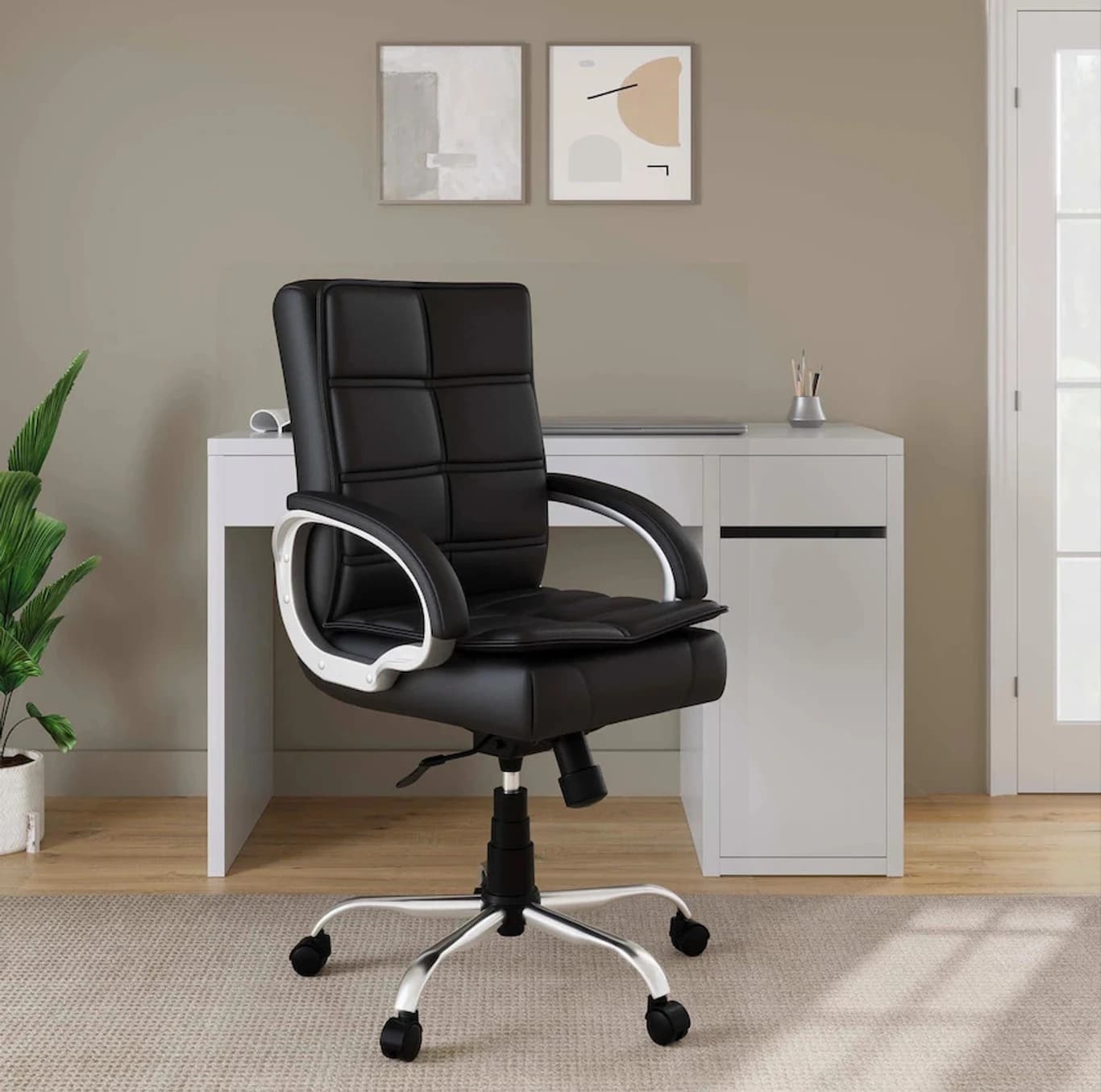 RM HOME Mary Leatherette Office Arm Chair (Black, Optional Installation Available)