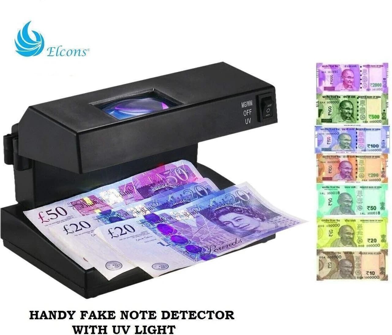 ELCONS Fake Note Detector (mini jumbo) Countertop Counterfeit Currency Detector (UV)(fnd green)