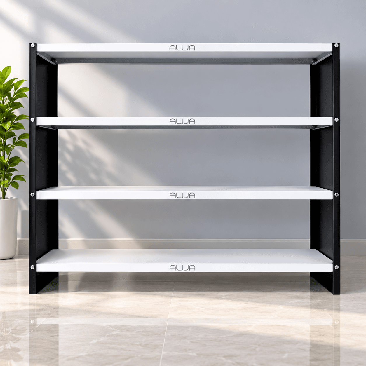 Menage 36x47x12 Inch 4 Shelf Metal Black and Ivory Solid Metal Rack