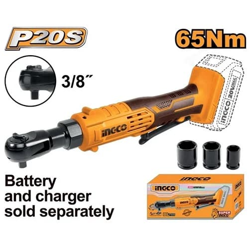 Ingco 3/8 Inch 20V Cordless Drive Ratchet With 3 Pcs Sockets, 250 RPM (CDRLI2060151)
