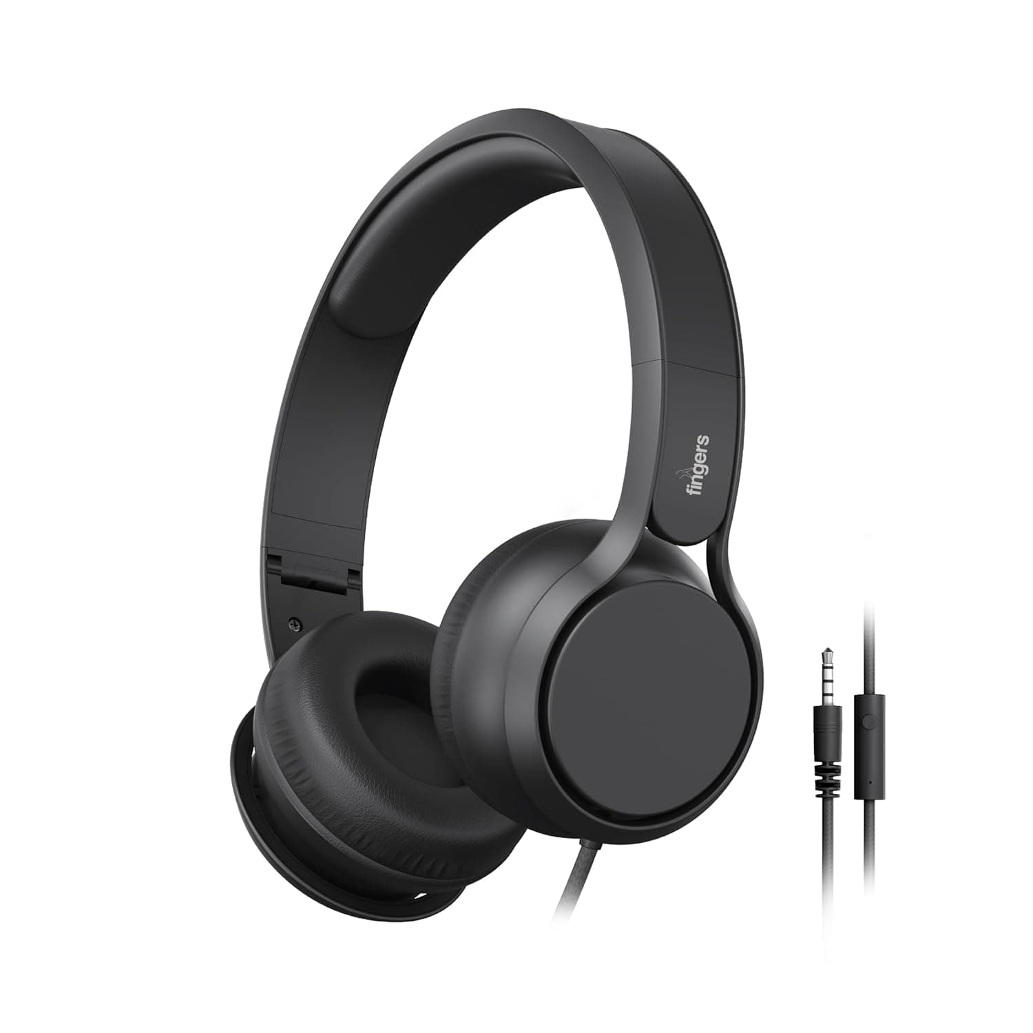 FINGERS S7 Wired On-Ear Headset with Built-in Mic (Single 3.5 mm Plug & Play, Powerful 40 mm Driver, Lightweight & Foldable Design, Braided Tangle-Free Cable) - Rich Black
