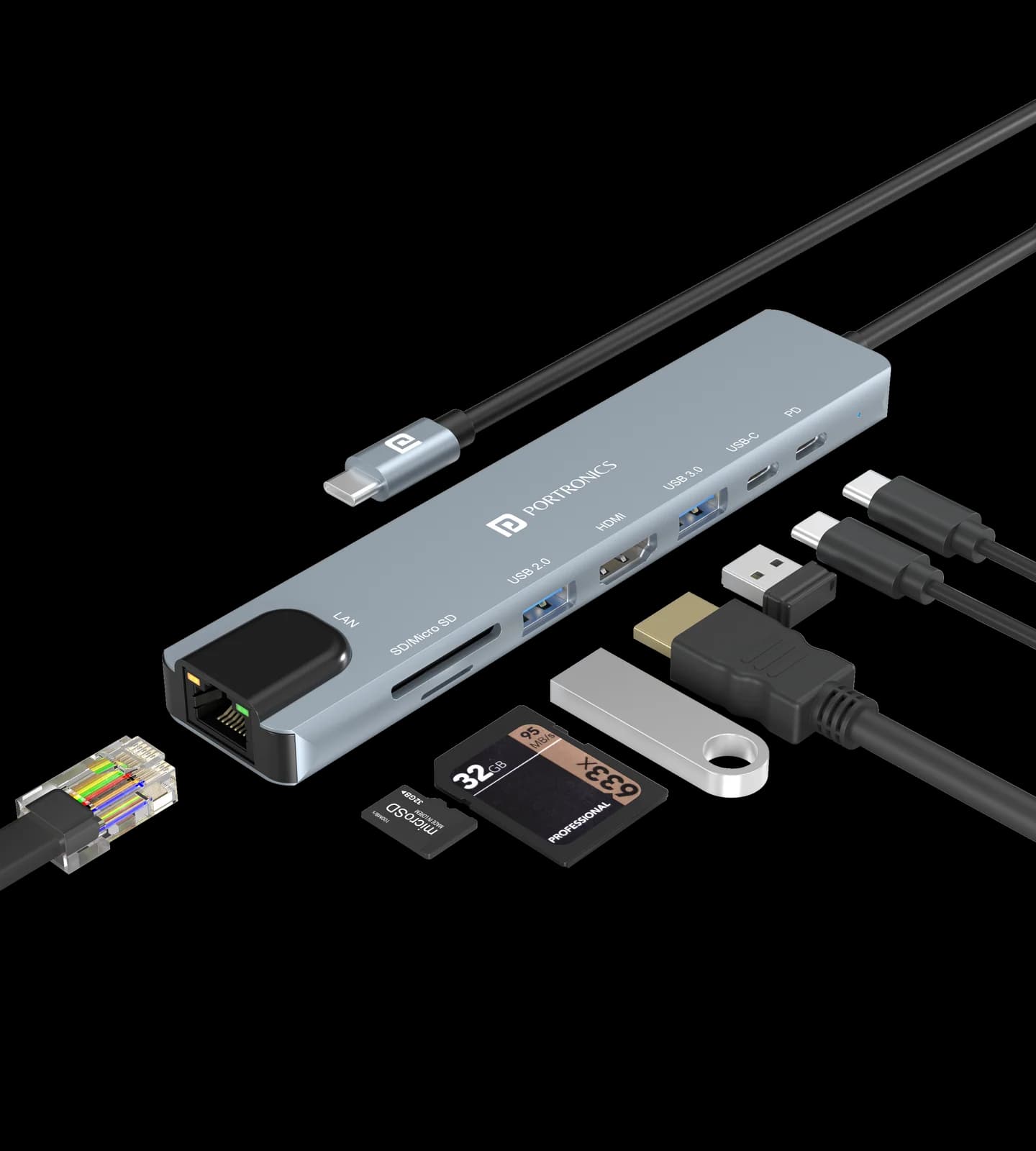Portronics Mport 8 USB-C USB Hub/Docking Station(8-in-1) with 4K 30Hz HDMI, 100 Mbps Ethernet, USB 3.0, microSD/SD Card Reader, Type-C Data, PD Charging, USB 2.0, Type-C Plug for Laptop, Mac, PC