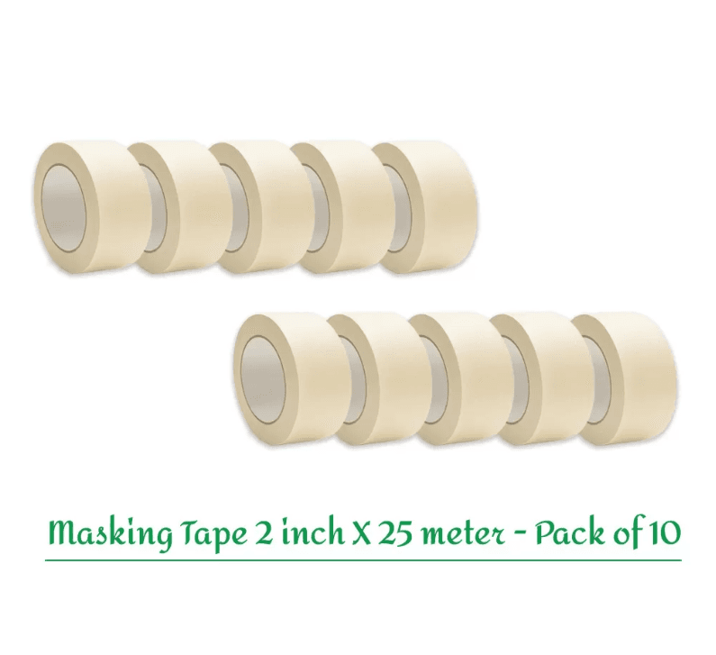 Adhesive Masking Tape 48mm (2 Inch) x 25 Meter | Premium Crepe Paper Writable Masking Tape – Residue Free (Pack of 10)